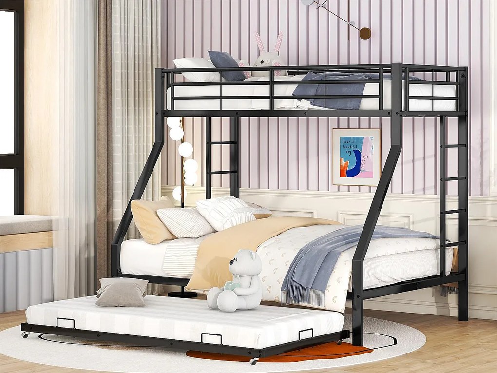 Łóżko piętrowe 4-osobowe wysuwane - 140 x 200 cm + 2 x 90 x 200 cm - metalowe - stelaż listwowy - czarne