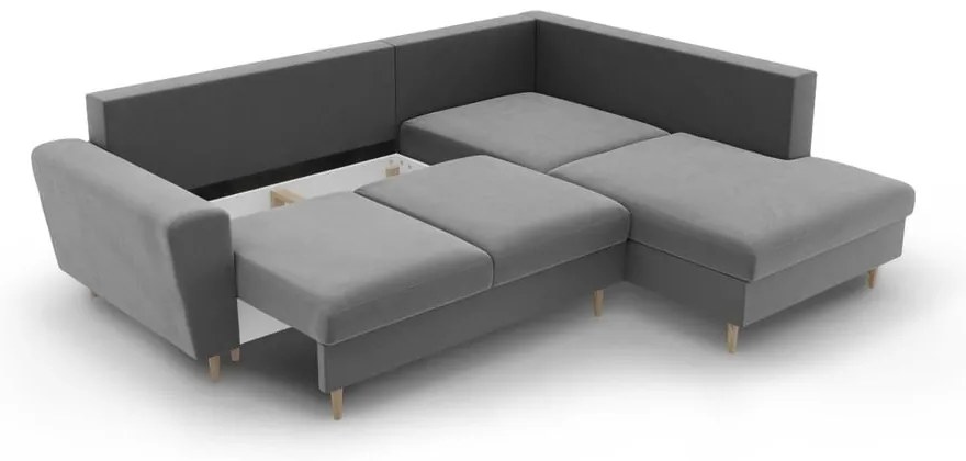Jasnoszary aksamitny rozkładany/ze schowkiem narożnik (prawostronny/w kształcie litery L) Kyoto – Cosmopolitan Design