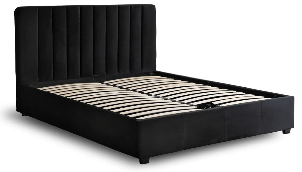 Łóżko Tapicerowane 160x200 cm ze Stelażem i Pojemnikiem Dwuosobowe MARI Welurowe Czarne