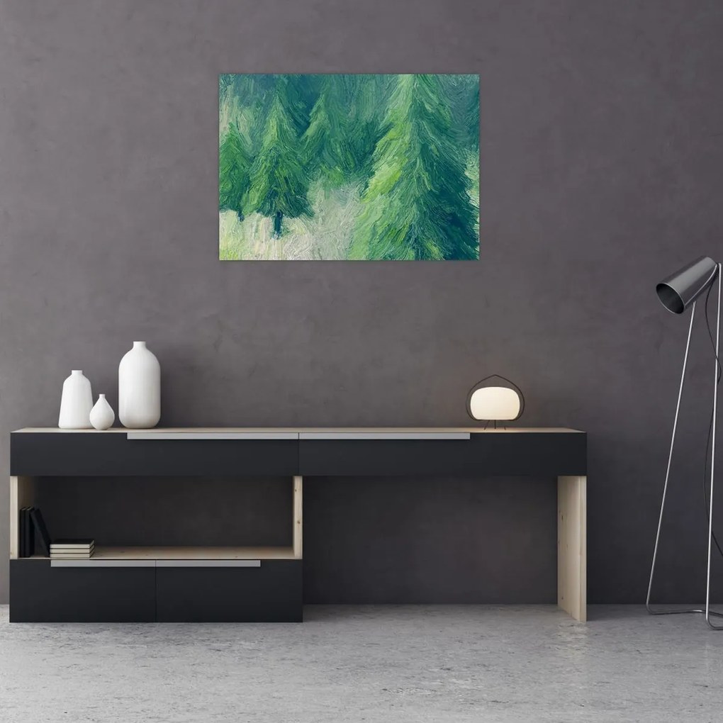 Obraz na szkle - Malowane drzewa iglaste (70x50 cm)