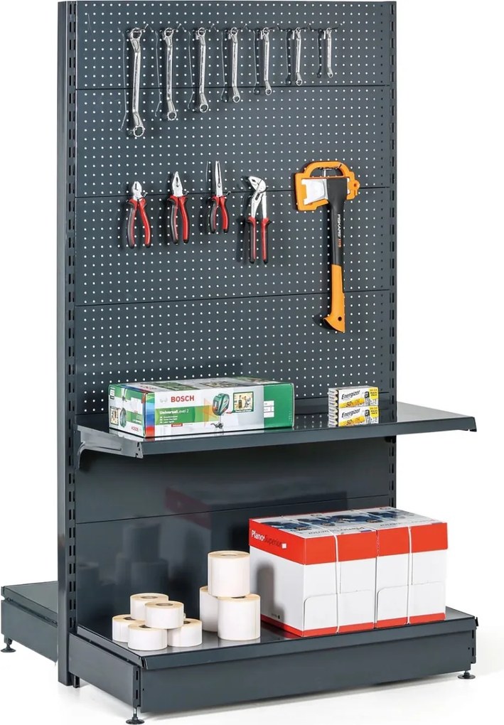 Regał sklepowy obustronny, ścianki perforowane, 1900 x 1000 x 900 mm, podstawowy, antracyt