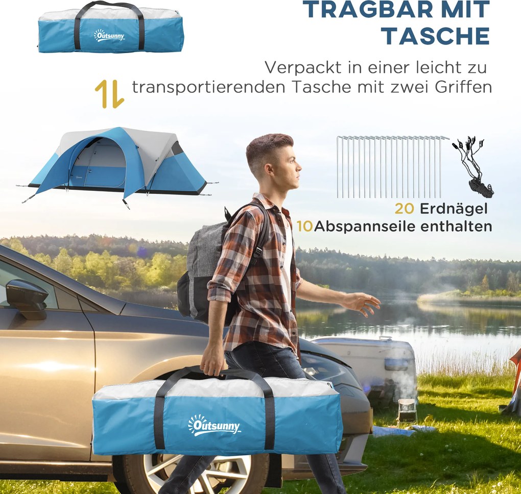 Outsunny Namiot campingowy dla 5-6 osób, Rodzinny namiot, Wodoodporny, z przedsionkiem, 550Dł x 300Szer x 198Wys cm, Niebieski