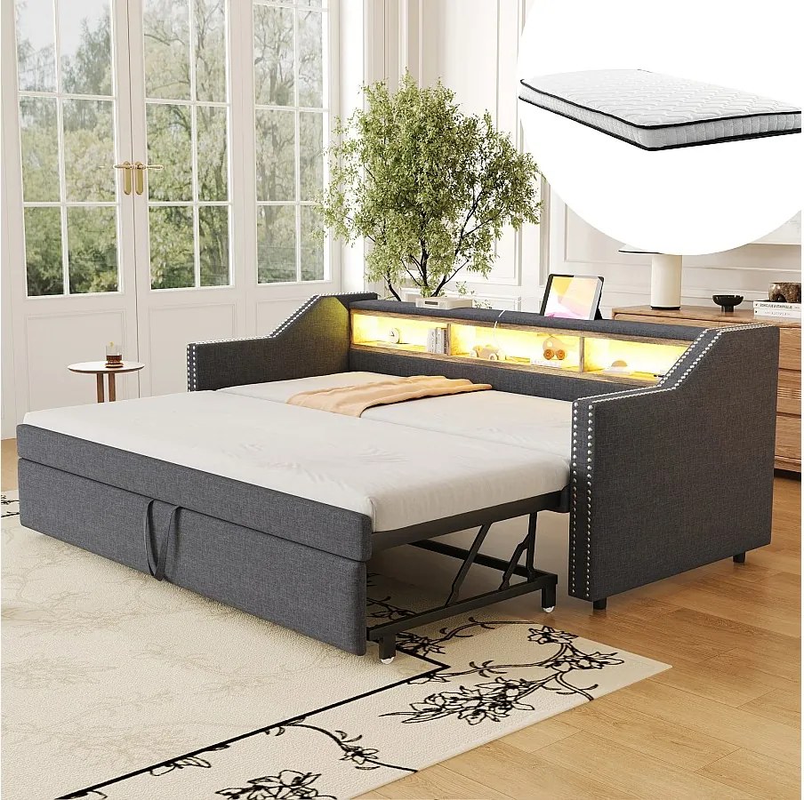 Rozkładana sofa rozkładana - 90/180 x 190 cm - z półkami do przechowywania + diody LED + USB - len + płyta MDF - ciemnoszara (z 2 materacami)