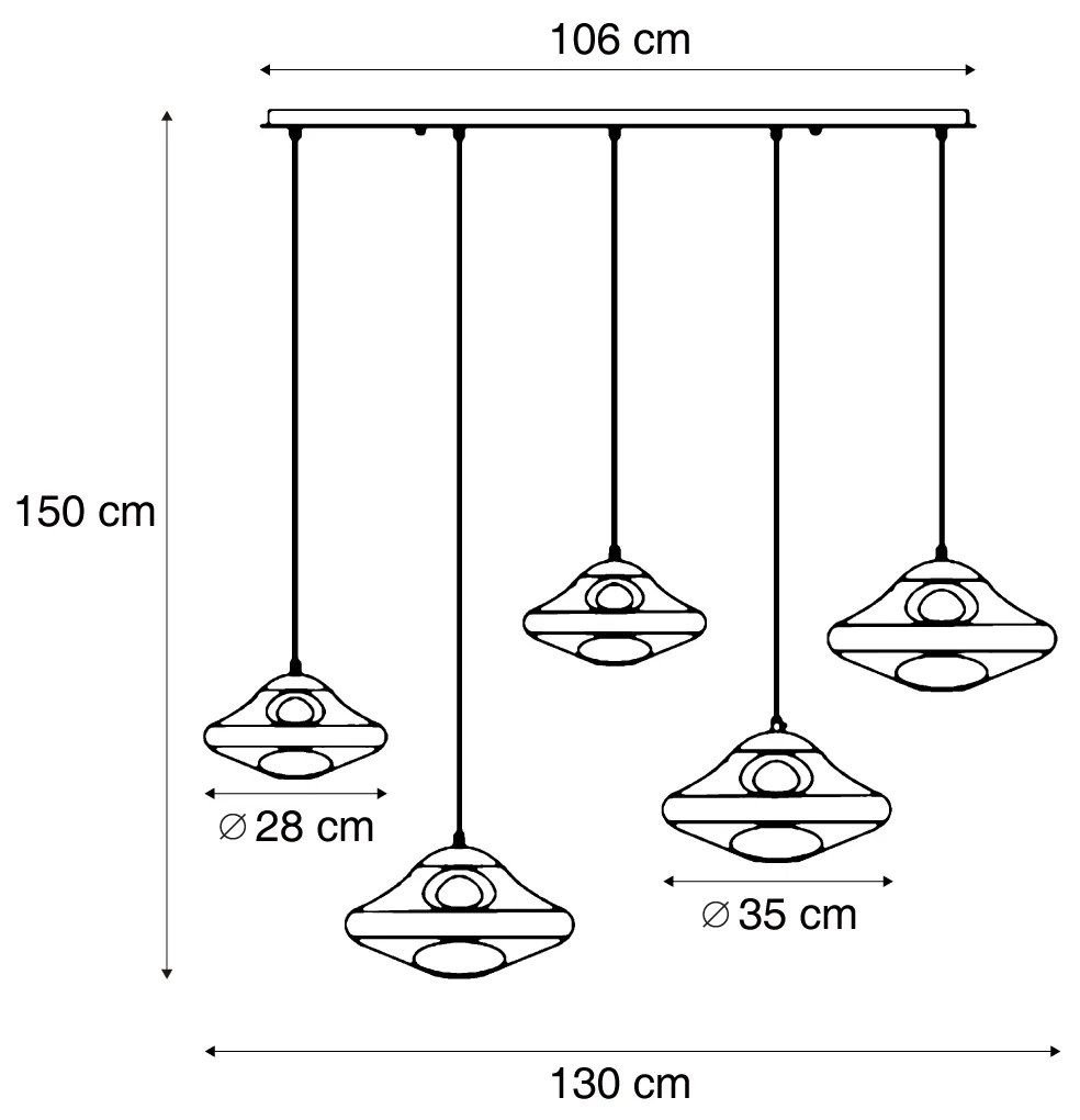 Designerska lampa wisząca czarna z przydymionym szkłem 5-punktowa - Gus