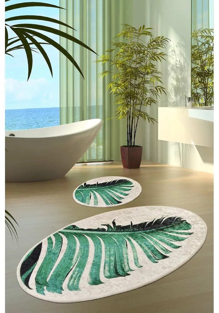 Zielono-beżowe dywaniki łazienkowe zestaw 2 szt. 60x100 cm Floret – Foutastic
