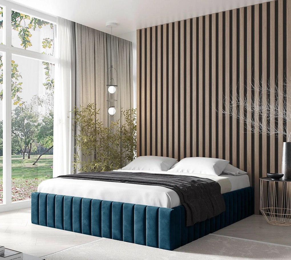 Granatowe nowoczesne łóżko z pojemnikiem 5 rozmiarów E1-W83