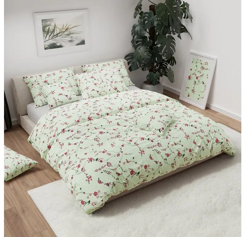 PrzytulneMieszkanie.pl PrzytulneMieszkanie.pl Pościel z kory FLORAL CREAM jasny zielony Rozmiar pościeli: 70 x 90 cm | 140 x 200 cm