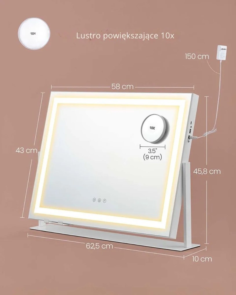 Lustro kosmetyczne DAHLIA z oświetleniem LED, 10x62,5x45,8 cm, biała SongmicsHome