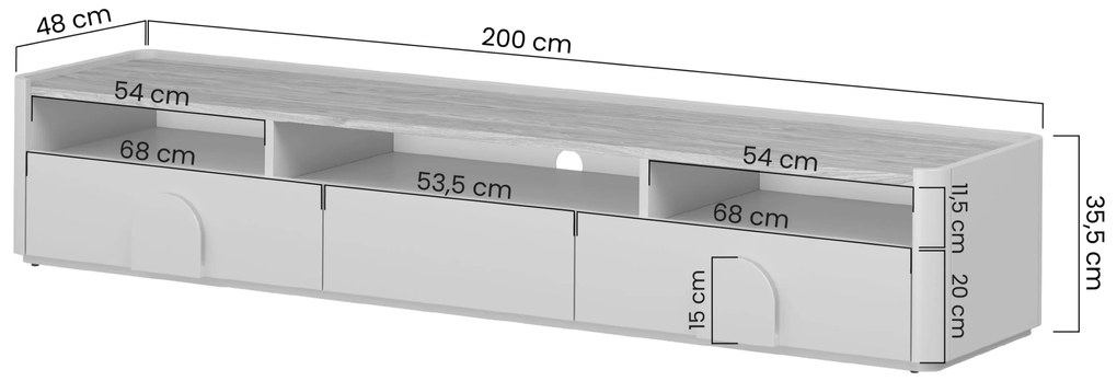 Szafka RTV Amilio 200 cm z szufladami - eukaliptus / dąb baltic dune / uchwyty dąb naturalny
