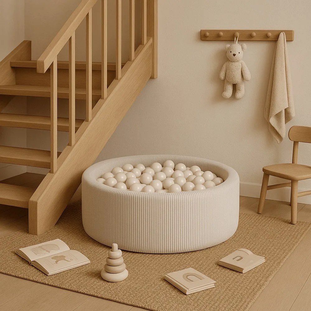 Kremowy sztruksowy basen z kulkami ø 90x30 cm Montessori – Meowbaby