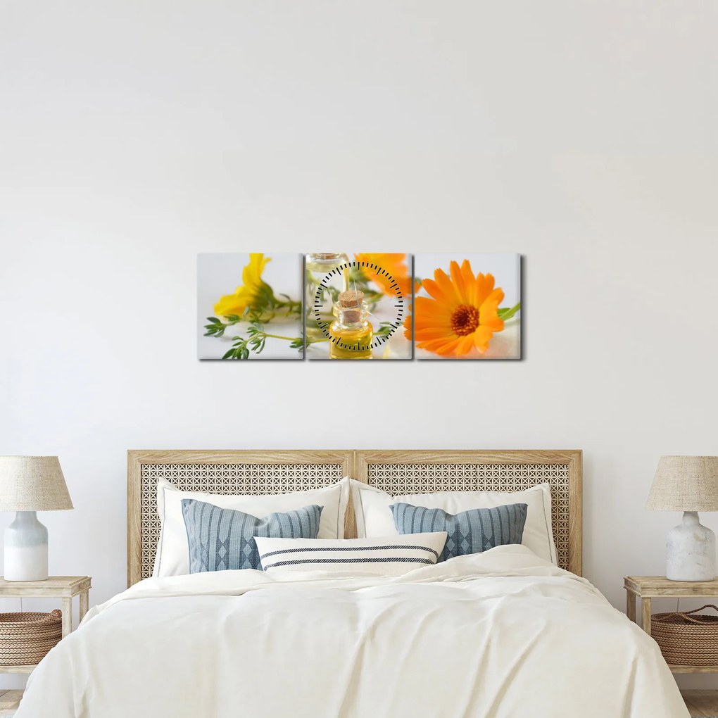 Obraz pomarańczowych kwiatów (z zegarem) (90x30 cm)