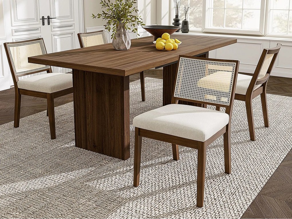 Zestaw 4 krzeseł z litego drewna - Oparcia z rattanu - Poduszki siedziskowe z lnu - Kolor orzechowy