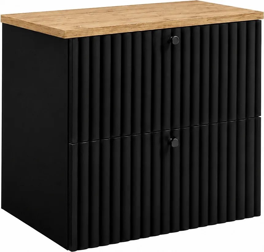 Szafka łazienkowa wisząca z blatem 60, czarny + blat dąb craft, uchwyty w trzech kolorach, 60 x 44,4 x 58,6 cm