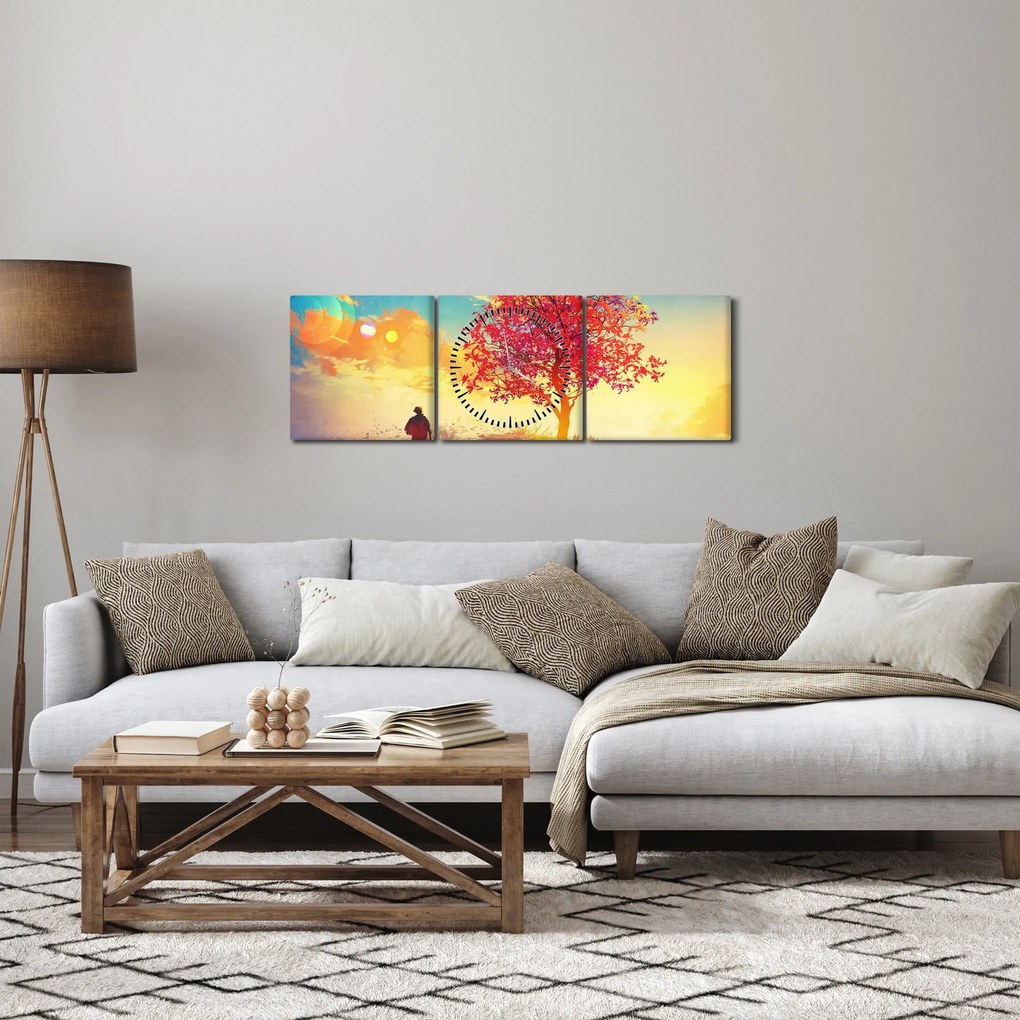 Obraz drzewa na wzgórzu (z zegarem) (90x30 cm)
