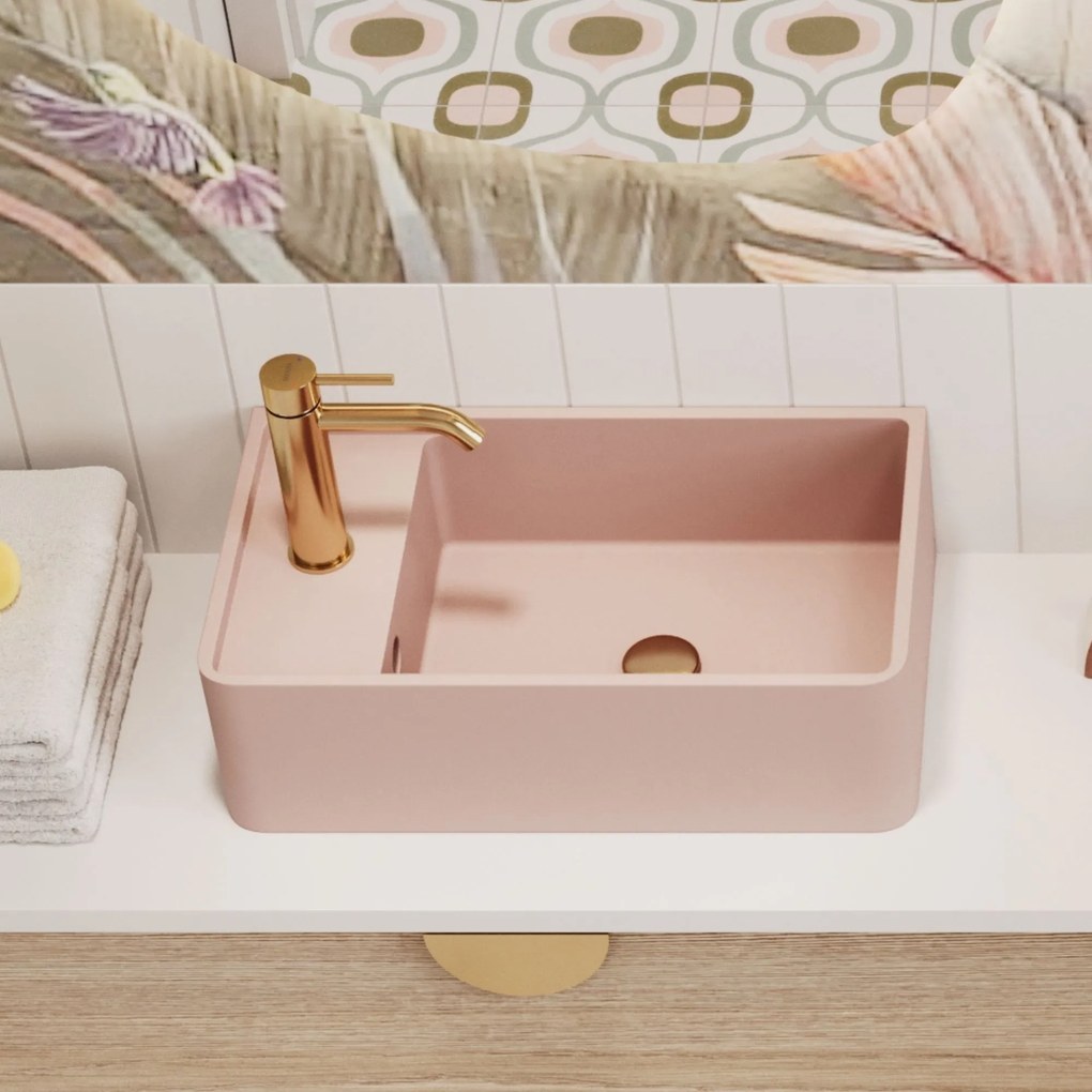 Umywalka z kamienia syntetycznego nablatowa / wisząca prostokątna różowa 43 cm x 25 cm EVELIA Pink : Otwory na baterię - Tak, Typ montażu - nablatowa