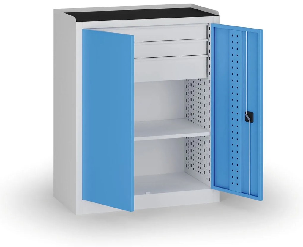 Szafa warsztatowa, 1 półka + 3 szuflady, 1180 × 950 × 500 mm, niebieskie drzwi