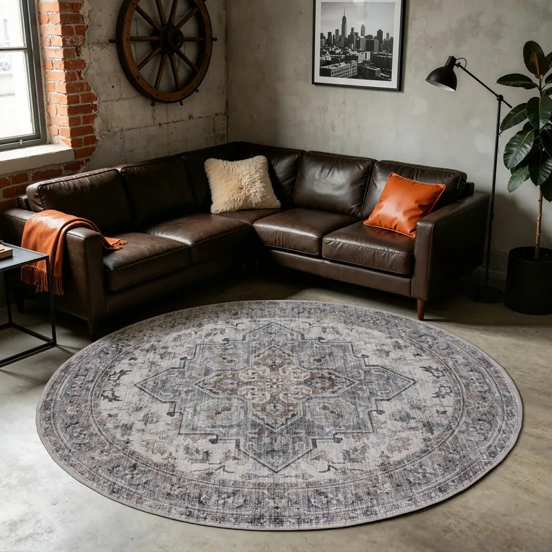 Dywan vintage INKA Klasyczny Medalion z Efektem Postarzenia Beżowo-Szary koło 120 cm x 120 cm
