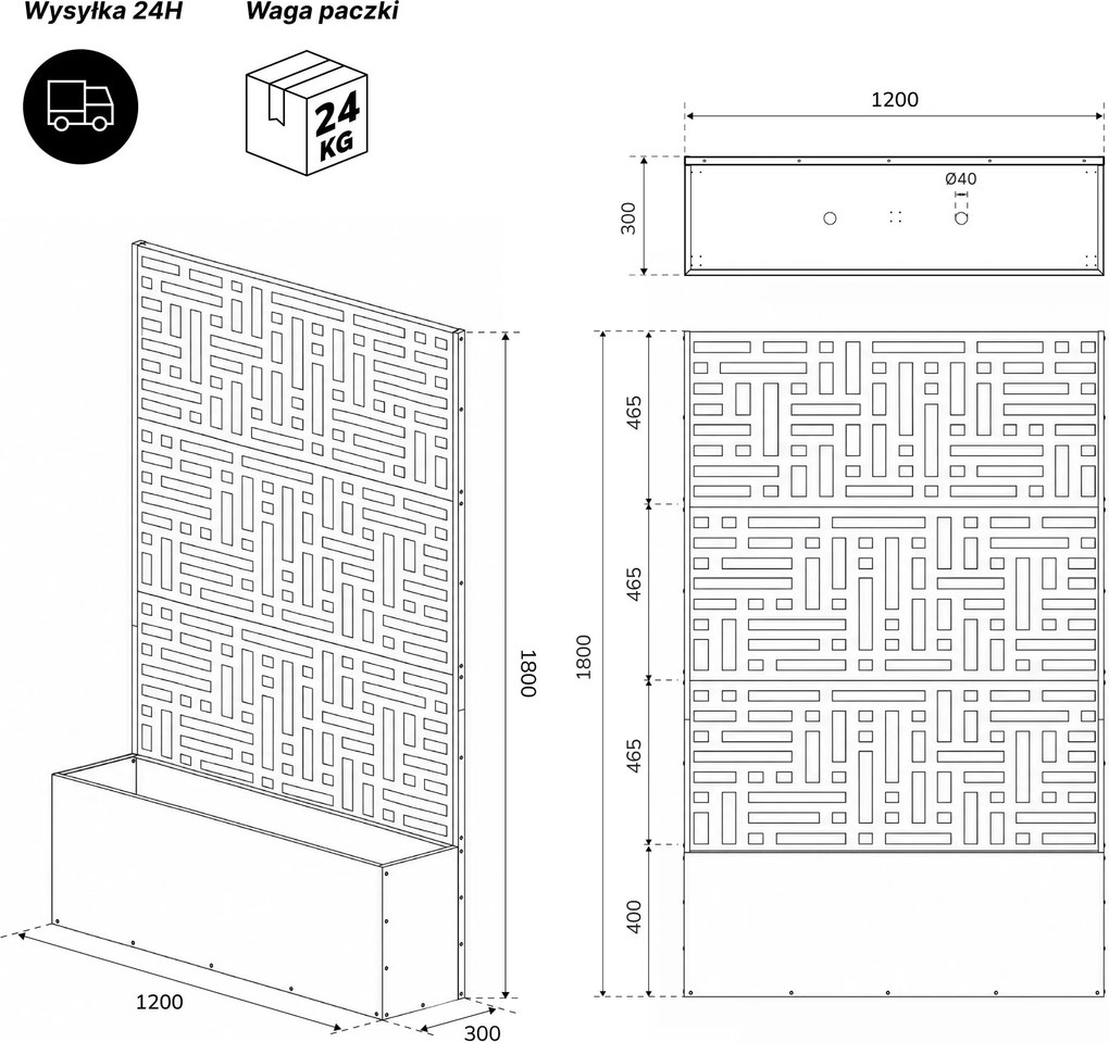 Pergola ogrodowa metalowa z donicą czarna 3in1, 1200x1800x300 mm: ROSE