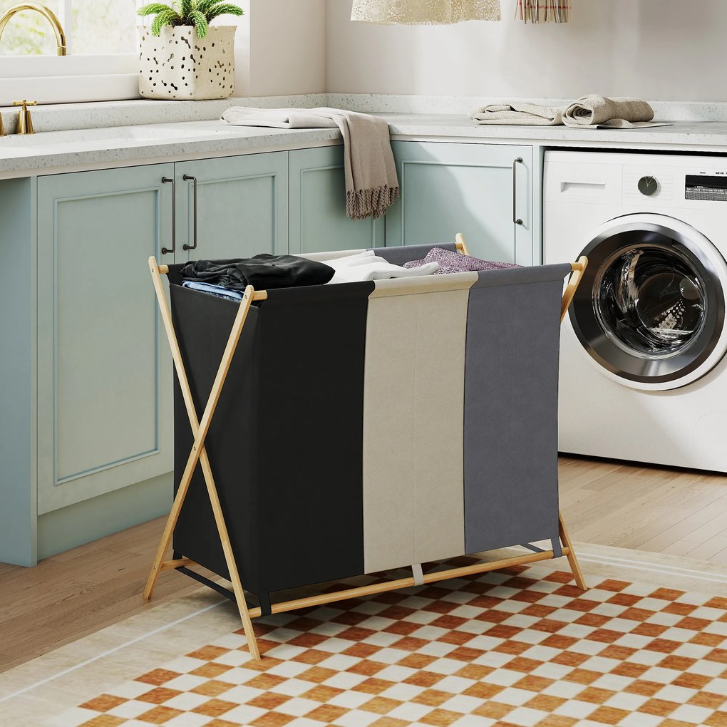 HOMCOM Kosz na pranie z 3 przegrodami 129L Składany Organizer do Pralni Sypialni Wielokolorowy | Aosom PL