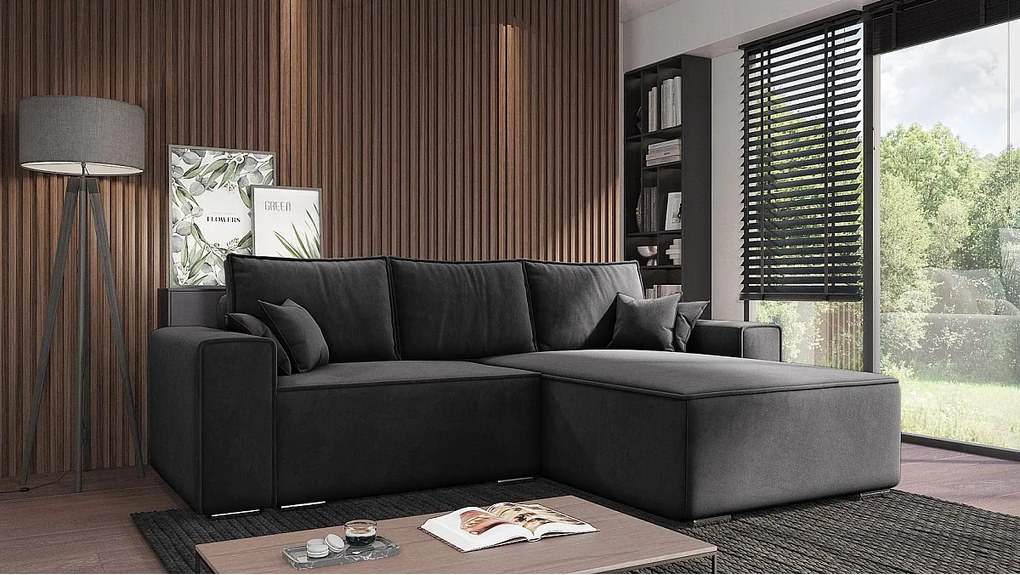 Emporius Lora narożnik rozkładany - narożnik z funkcją spania i pojemnikiem - nowoczesny styl, prawostronny, tkanina aksamitna, czarny (Amor Velvet 4322)