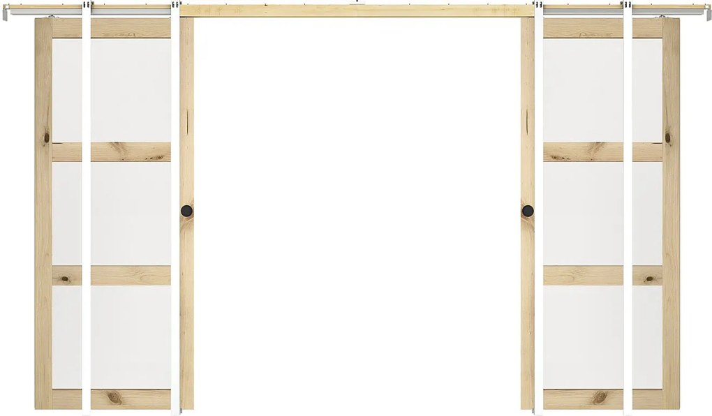 Drzwi przesuwne podwójne chowane w ścianie z drewna i szkła hartowanego - 3 okna - 2 x wys. 205 x szer. 83 cm - ACOSTA II