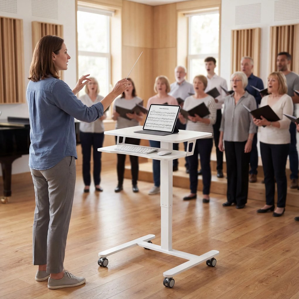 HOMCOM Stojące Biurko Regulowane, Mobilne Biurko Sit-Stand z Półką na Klawiaturę, Kółkami i Stalową Ramą, Biały | Aosom PL