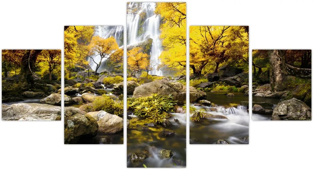 Obraz - Wodospady w jesiennym krajobrazie, żółty (125x70 cm)