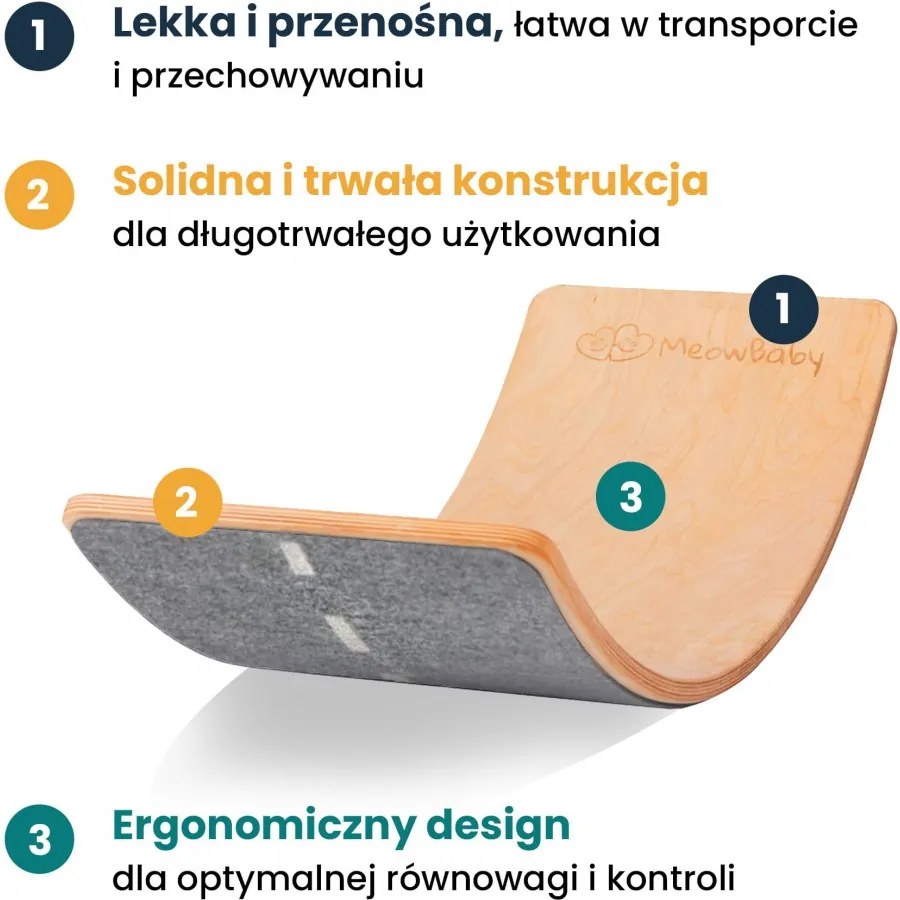 Deska do balansowania z filcem 80x30cm dla dzieci. drewniany biały balance board, filc beżowy - meowbaby®