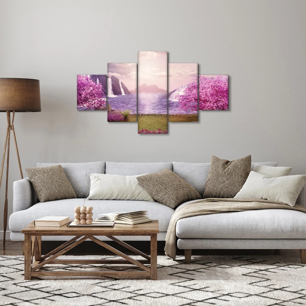 Obraz różowych drzew z jeziorem (125x70 cm)