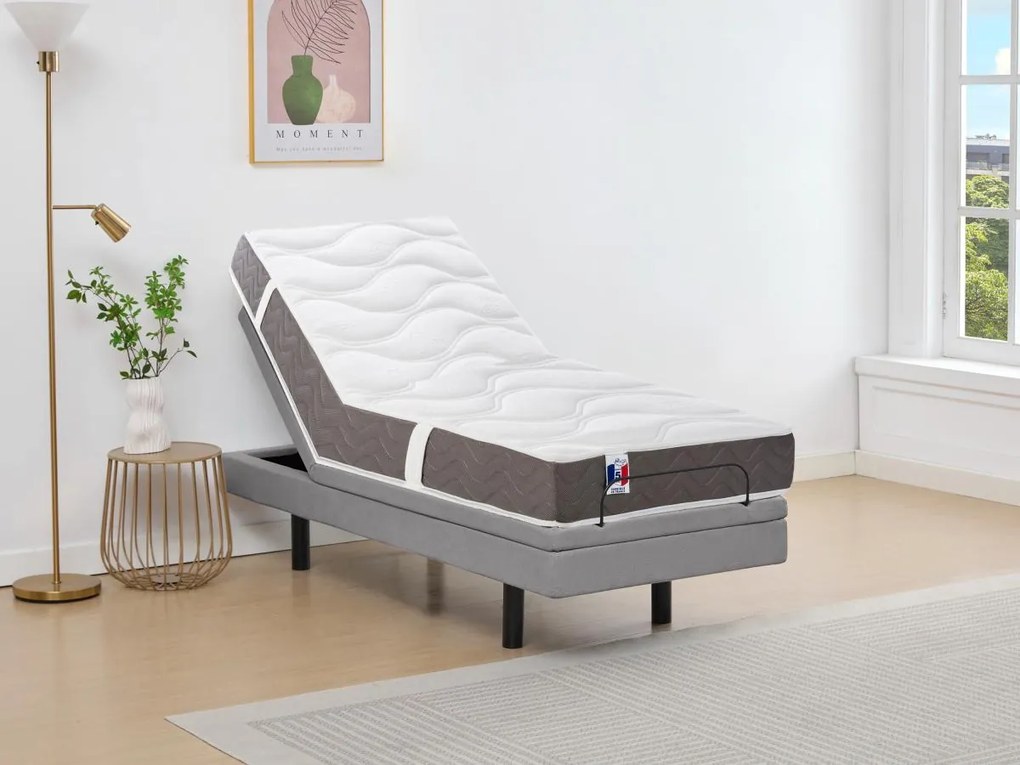 Łóżko elektryczne relaksacyjne dekoracyjne + materac 3-strefowy 100% lateks - 80 x 200 cm - Tkanina - Szary - PANISOLA marki Ysmée