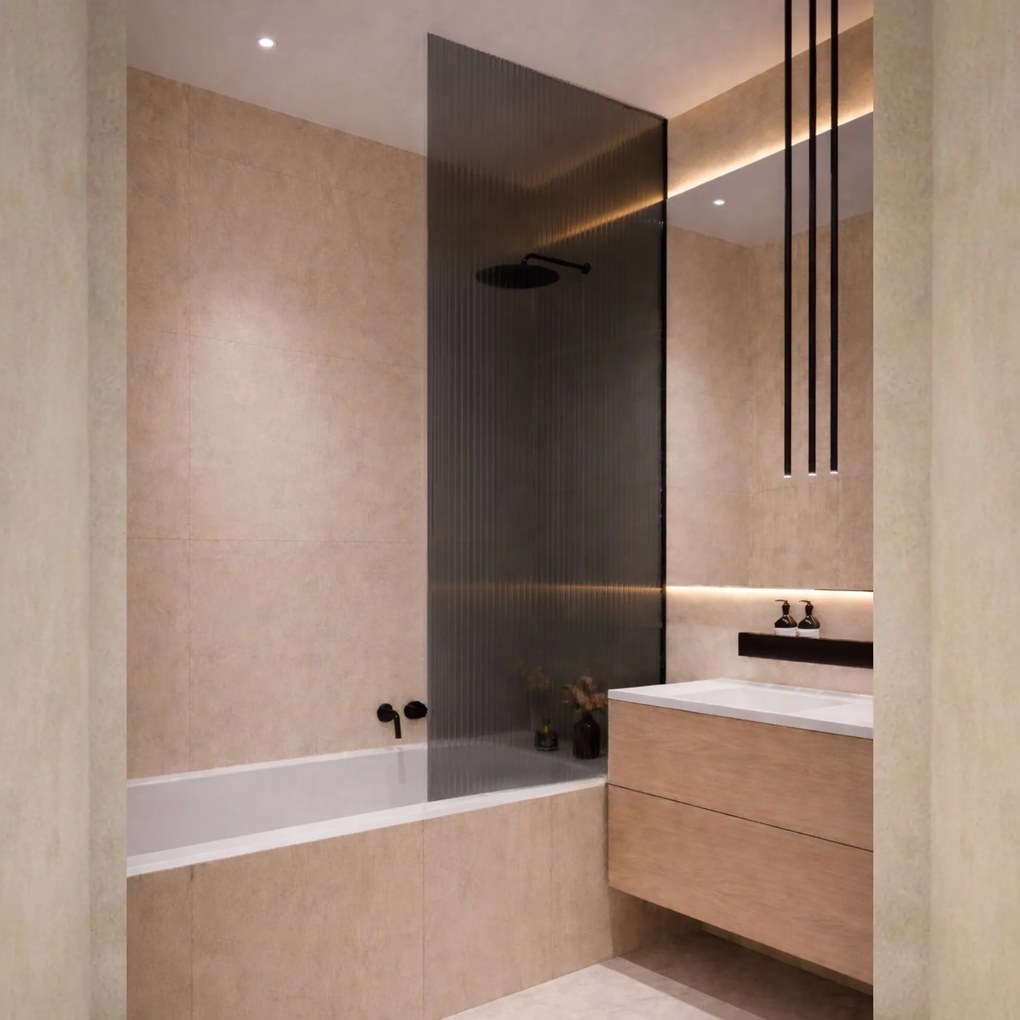 Parawan nawannowy prostokątny ARTE WELLE Classic XXL Grafit szkło grafitowe ryflowane | Różne rozmiary : Kolor profili kabiny - złoty szczotkowany, Rozmiar - 90 x 210 cm