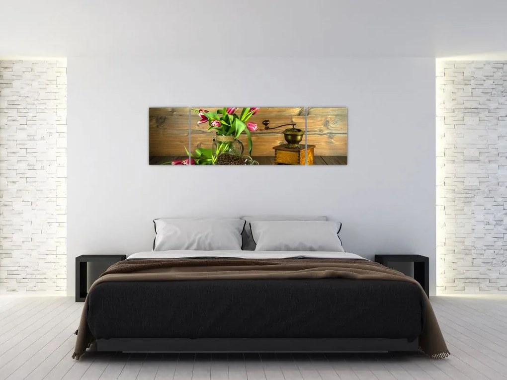 Obraz - tulipany, młynek i kawa (170x50 cm)