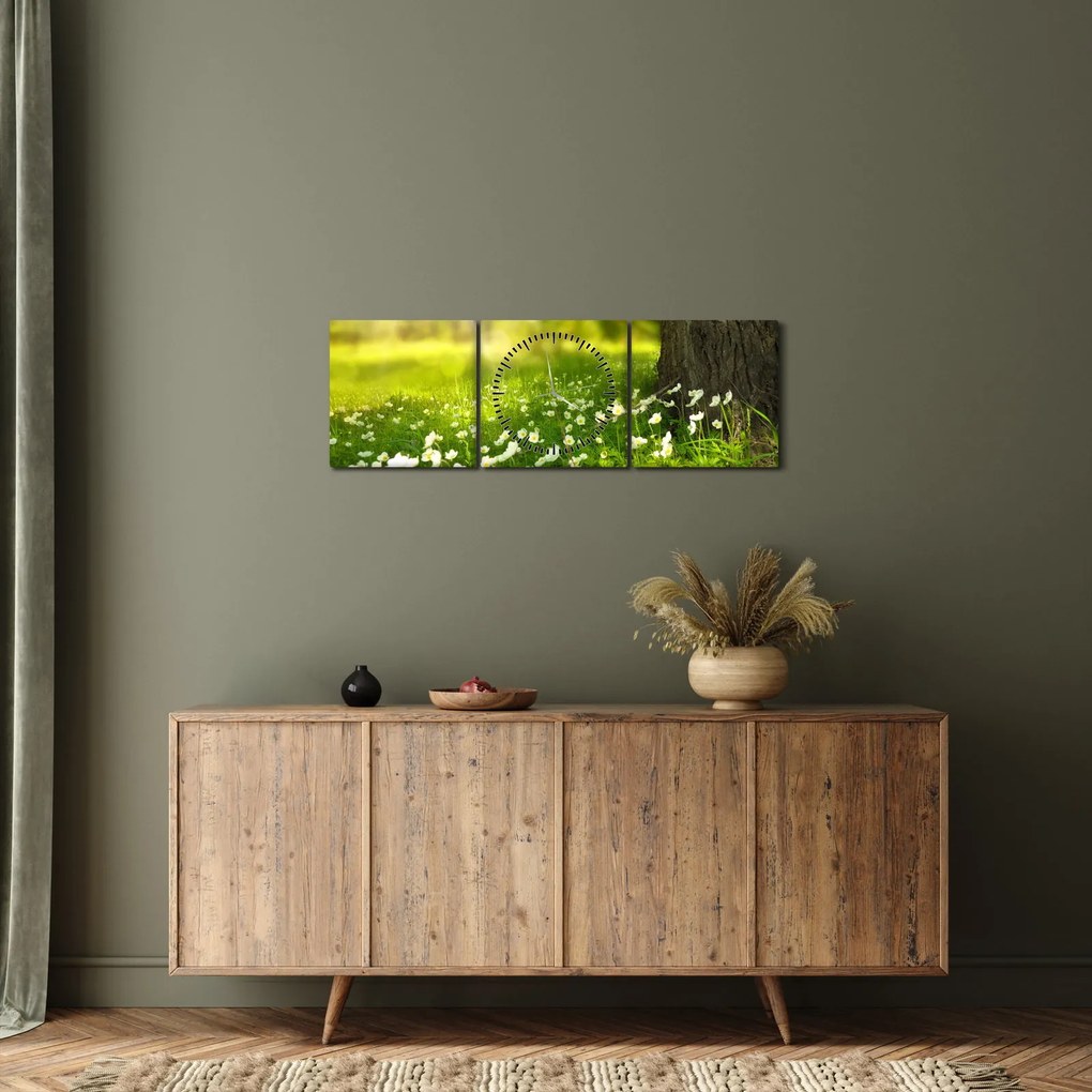 Obraz polany i kwiatów (z zegarem) (90x30 cm)