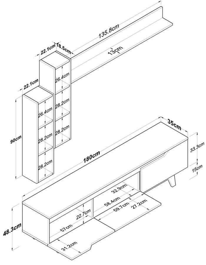 Biały zestaw pod TV w dekorze orzecha 180x49 cm Linh – Kalune Design