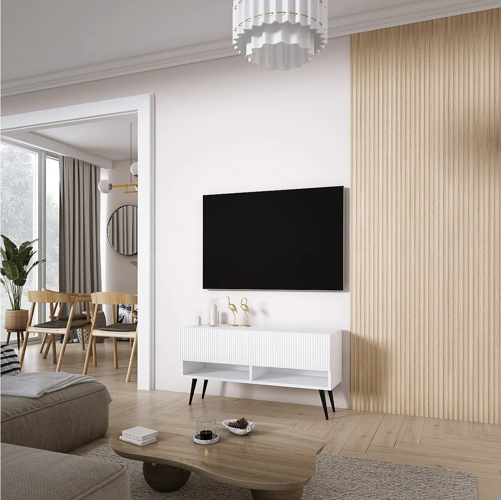 Szafka pod telewizor z ryflowanym frontem 100, Biały Mat, nóżki pochyłe czarne, 100 × 32 × 52 cm