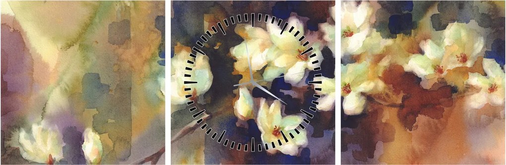 Obraz - Białe magnolie, malarstwo (z zegarem) (90x30 cm)