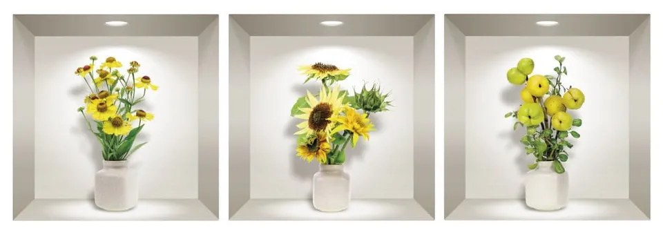 Komplet 3 naklejek ściennych 3D Ambiance Yellow Flowers