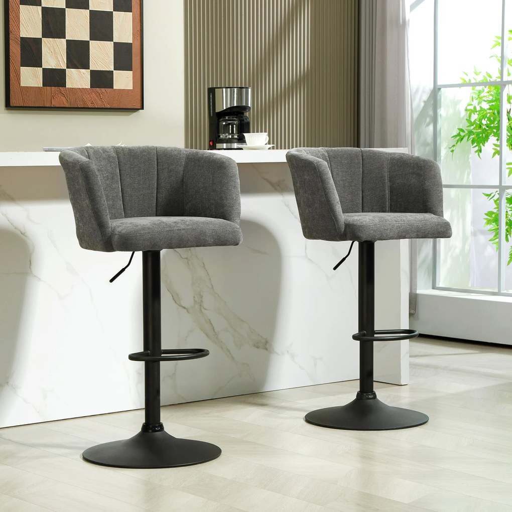 HOMCOM Zestaw 2 Barowych Krzeseł, Oparcie w Kształcie Muszli, Regulowana Wysokość, Podnóżek, dla Kuchni lub Jadalni, Metalowa Baza, Ciemnoszary