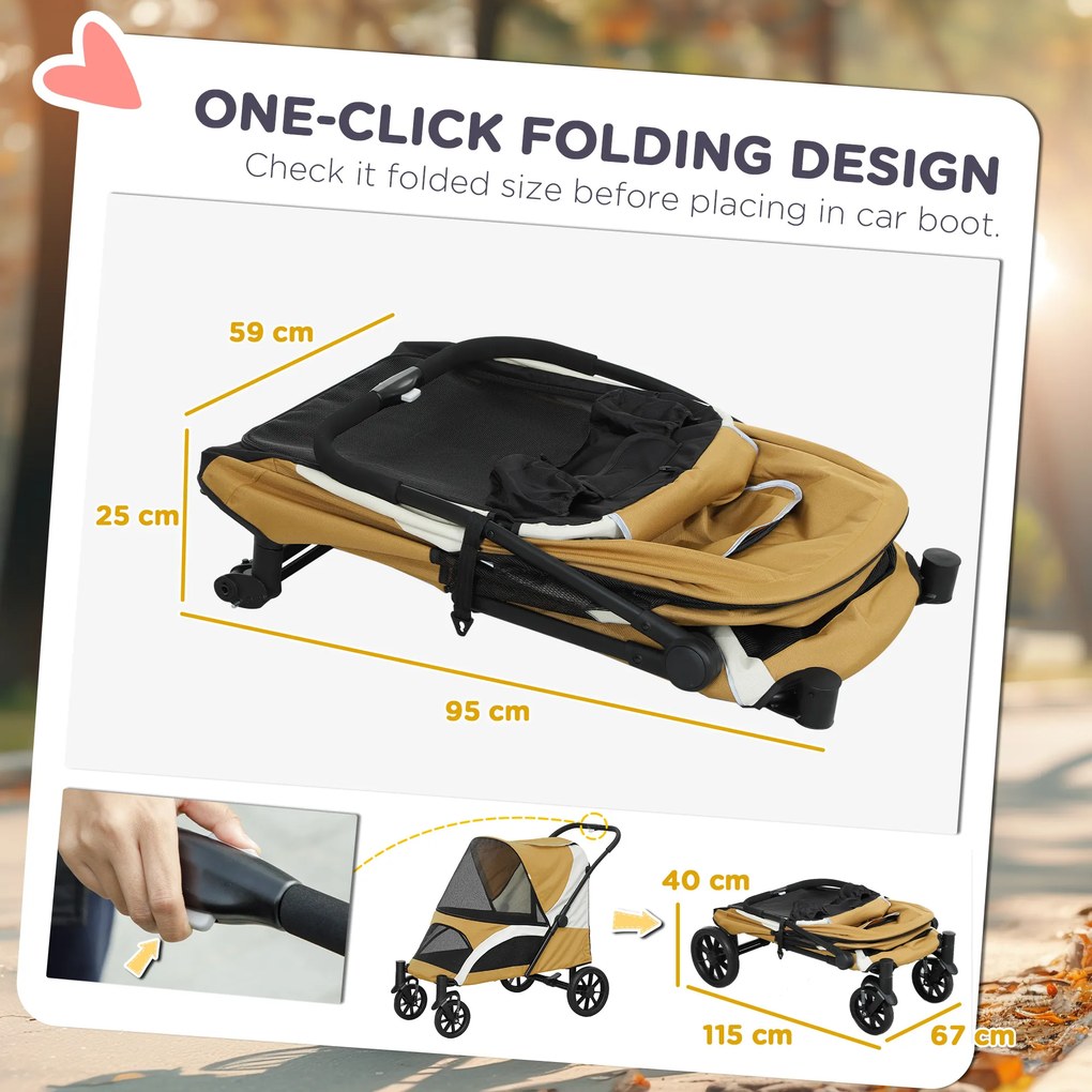 PawHut Wózek dla Psów, Składany Wózek dla Dużych Psów, Wózek dla Zwierząt z 4 Kołami, Linami Bezpieczeństwa, Hamulcami, Brązowy