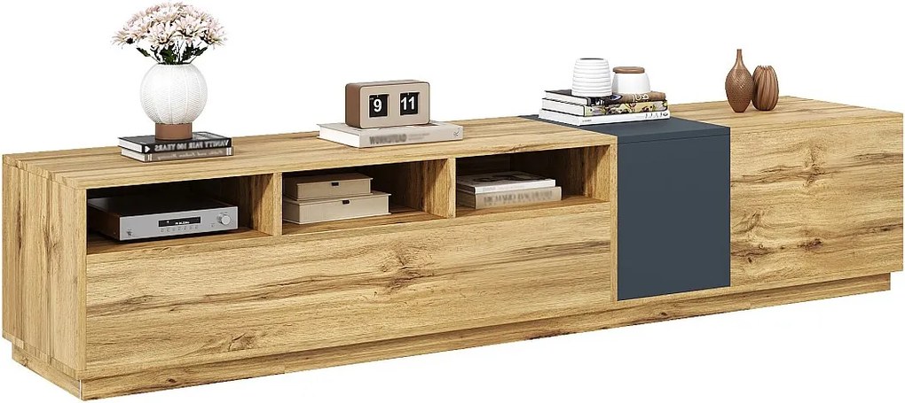 Nowoczesna szafka RTV - 200 x 45 x 45 cm - z 3 drzwiami + przegródkami - płyta wiórowa - naturalna