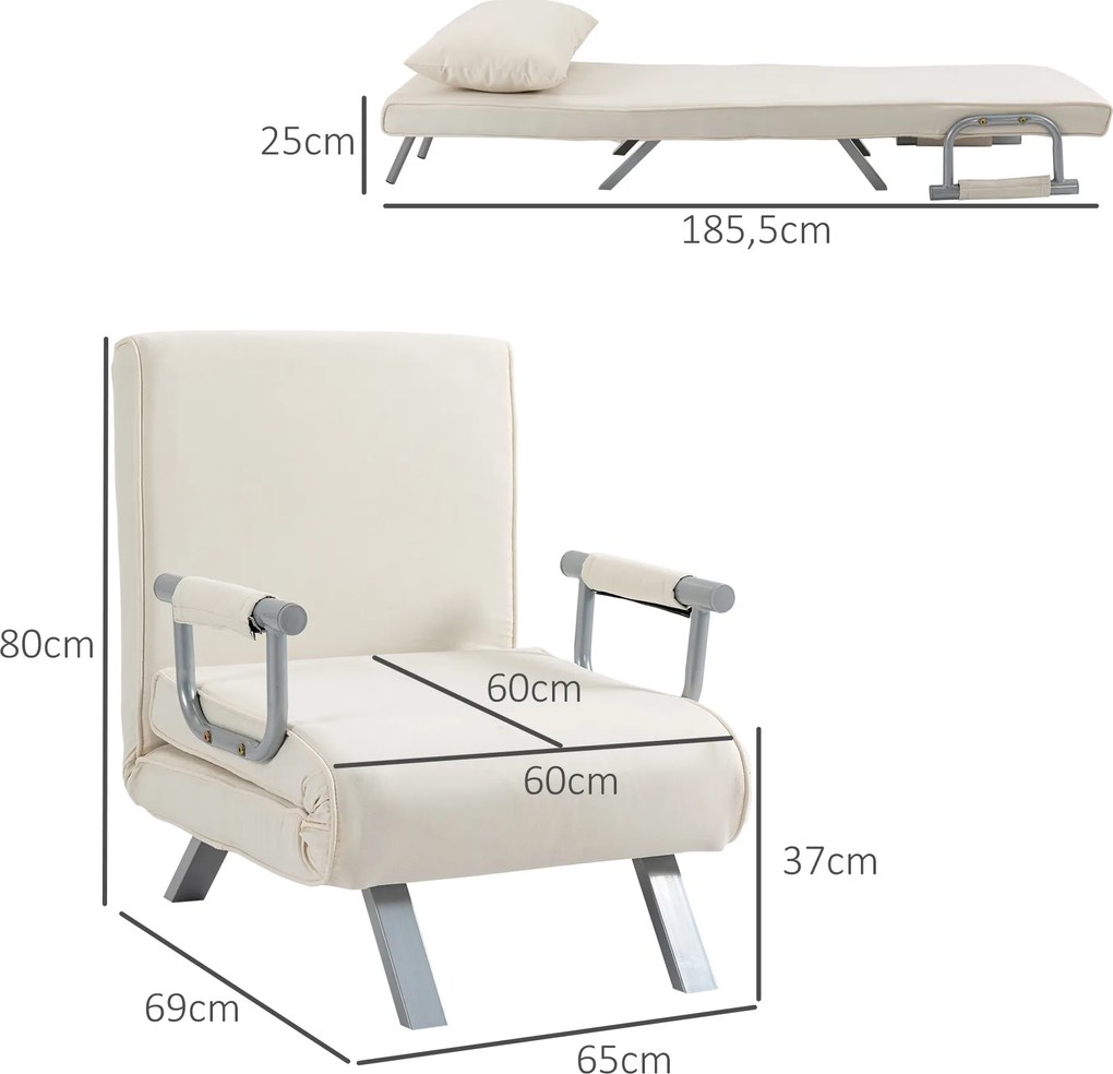 HOMCOM Fotel relaksacyjny z funkcją leżanki i łóżka gościnnego kremowy 65x69x80 cm | Aosom PL