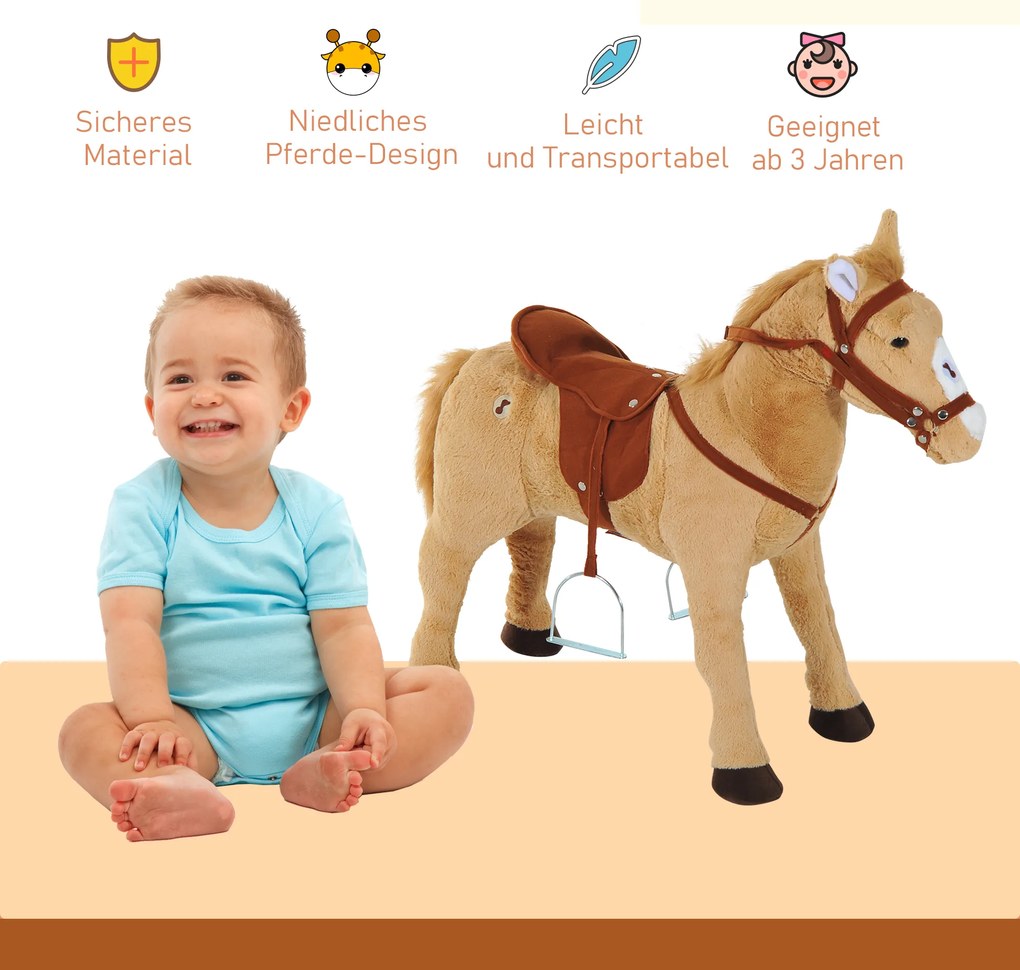 HOMCOM jazda na koniu konik-zabawka pluszowy konik dla dzieci stojący koń wydający odgłosy siedzenie wysokość 48 cm
