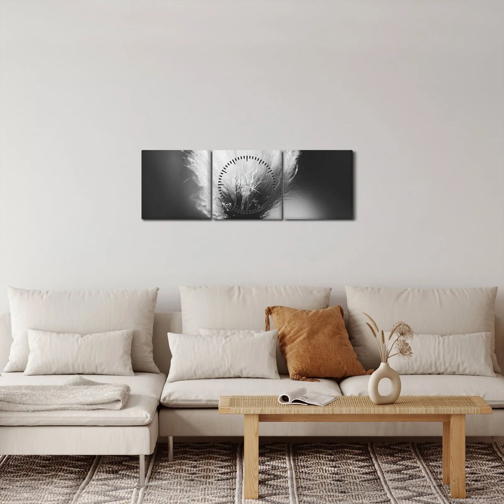 Obraz - Czarno-biała trawa bawełniana (z zegarem) (90x30 cm)