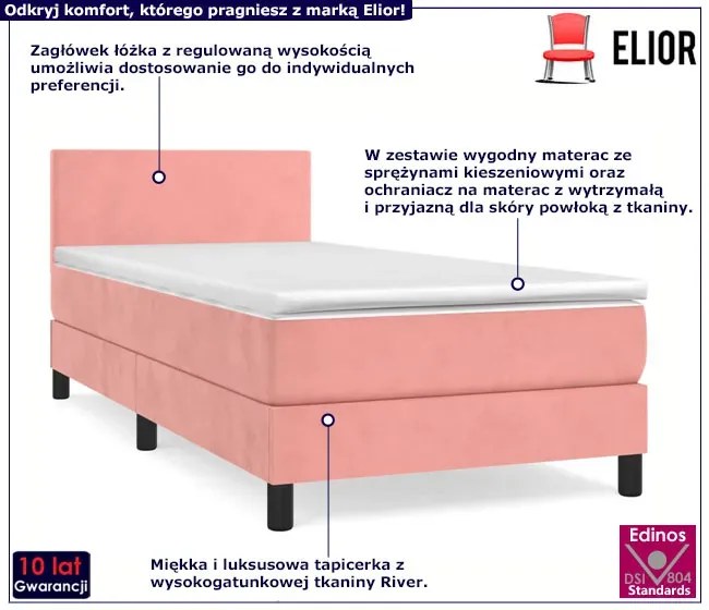 Aksamitne różowe łóżko kontynentalne z materacem 90x200 - Fibero 3X