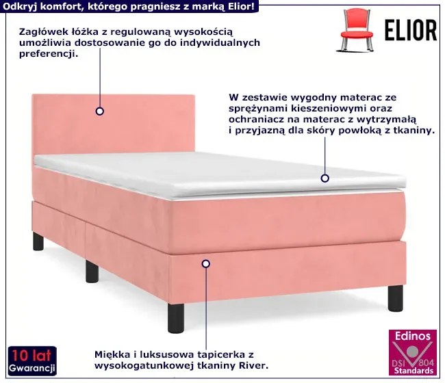 Aksamitne różowe łóżko kontynentalne z materacem 90x200 - Lisila 3X