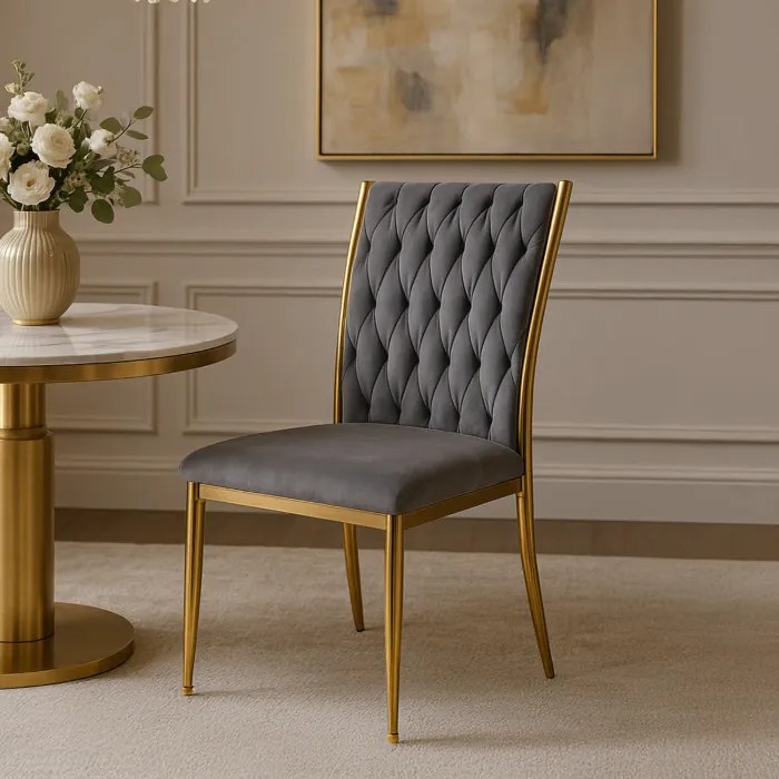 Krzesło Tapicerowane Plecione do Salonu DAN Szare Welurowe Nowoczesne Glamour