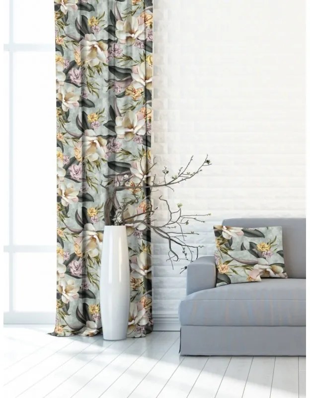 Zasłona dekoracyjna w kwiaty wzór magnolia miętowa - szer. 150 cm
