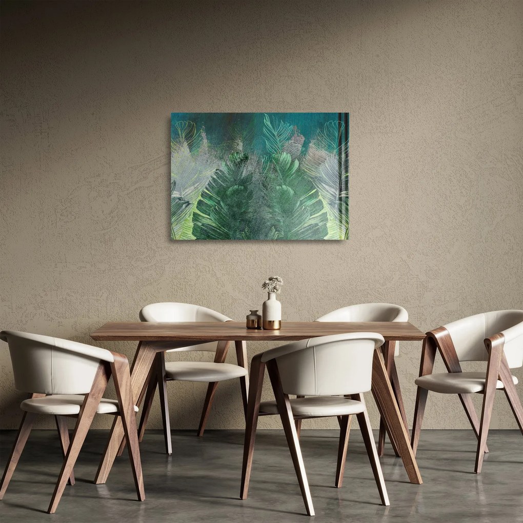 Obraz na szkle - Tekstura betonu z liśćmi (70x50 cm)