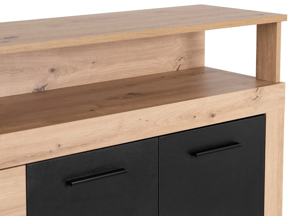 Komoda Czterodrzwiowa z Szufladami BLAGO 190 cm Dąb Artisan/Czarny Nowoczesna Loft