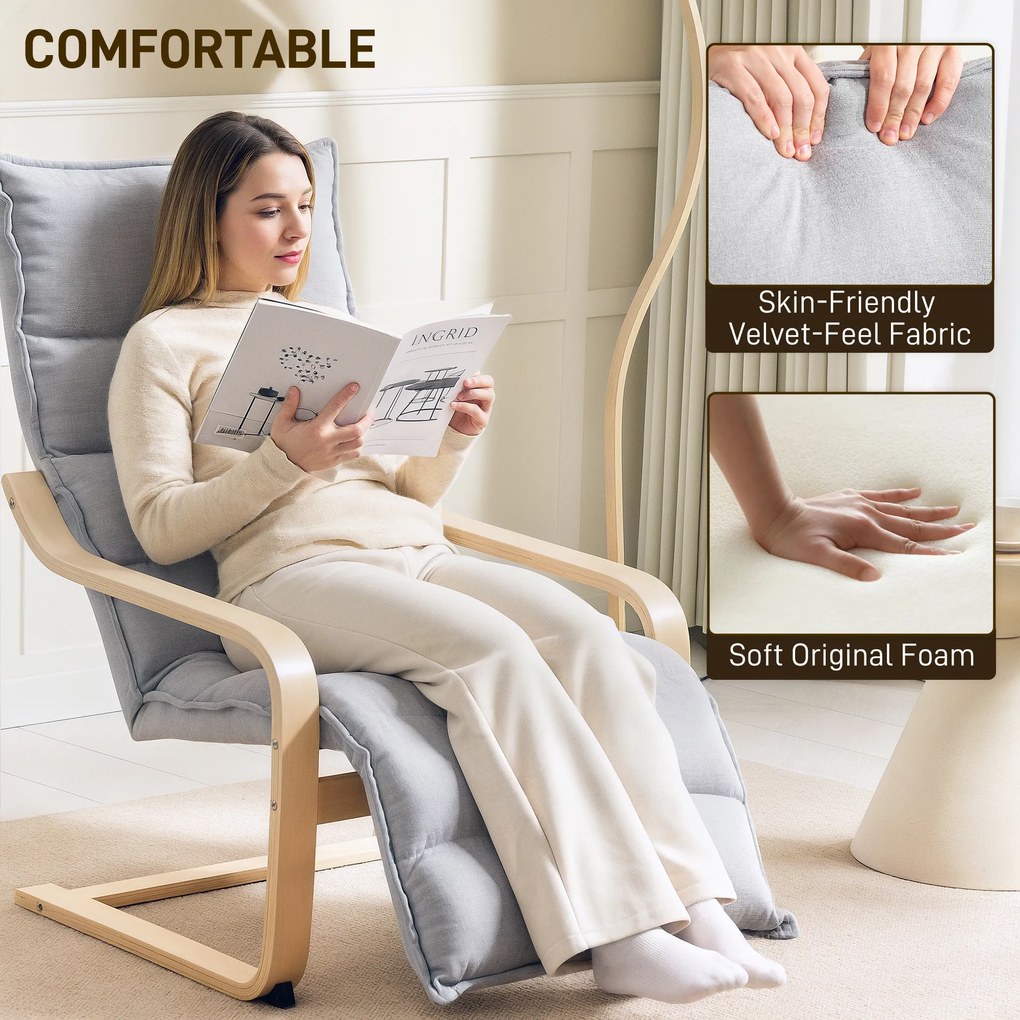 HOMCOM Fotel z laminowanej brzozy, tapicerowany fotel z regulowaną podnóżką, nowoczesny fotel z podłokietnikami, Jasnoszary